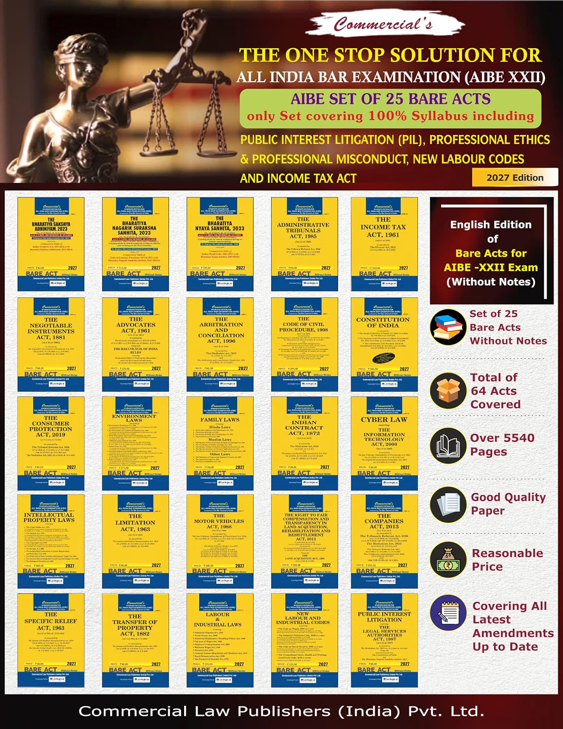 AIBE 25 bare Acts set , 2027 Edition for AIBE XXII covering 100% Syllabus including PIL, Professional Ethics & Professional Misconduct, New Labour Codes and Income Tax Act
