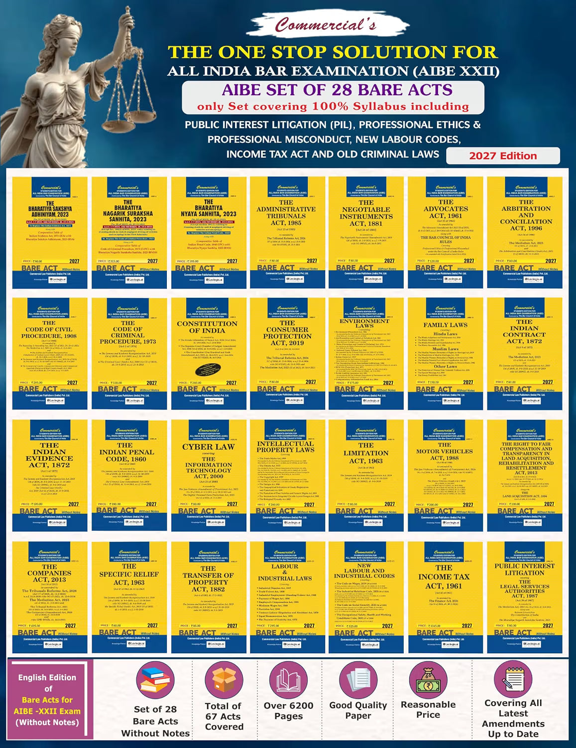 AIBE 28 bare Acts set , 2027 Edition for AIBE XXII covering 100% Syllabus including PIL, Professional Ethics & Professional Misconduct, New Labour Codes and Income Tax Act with OLD Criminal Laws