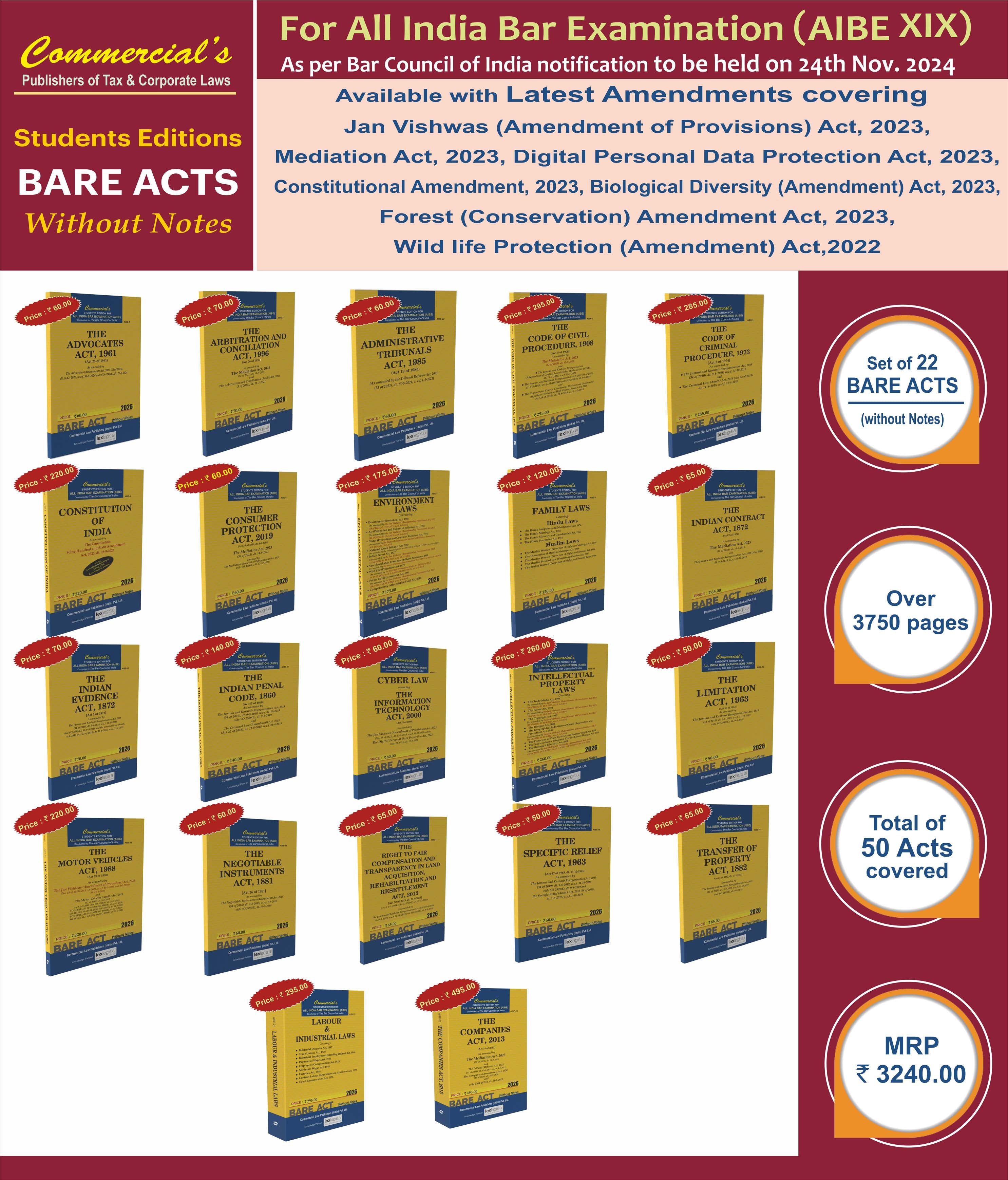 AIBE Bare Acts Combo without Notes (Set of 22 Books)