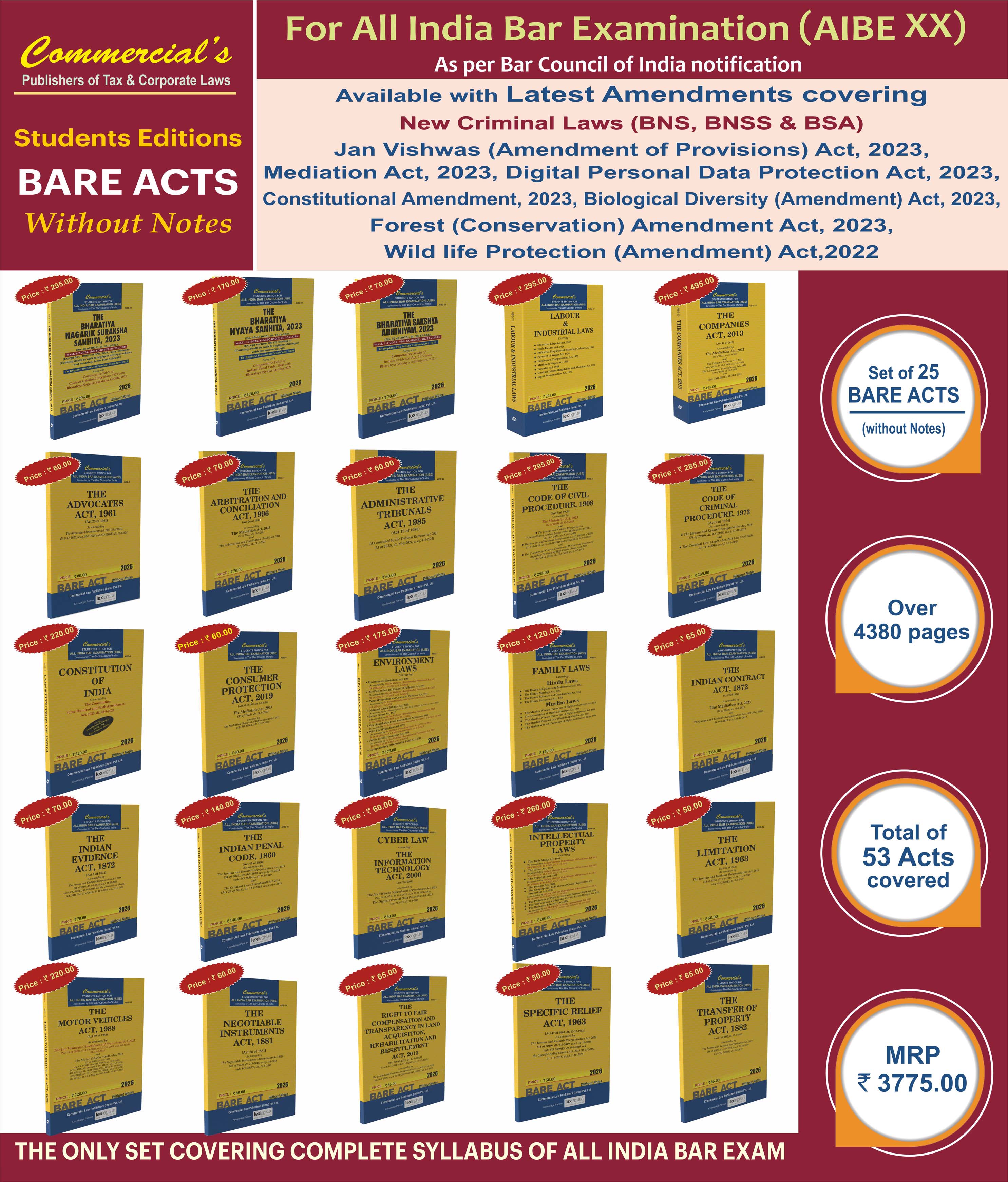 AIBE COMBO - 25 Bare acts without notes as per BCI