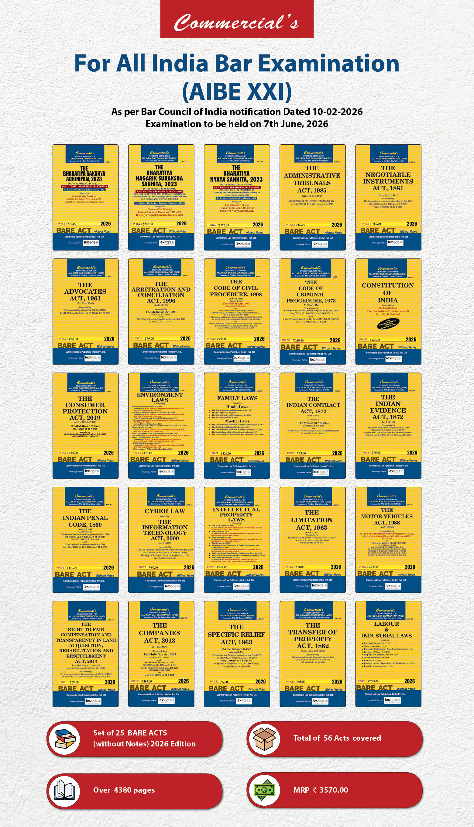 AIBE COMBO - 25 Bare acts without notes as per BCI
