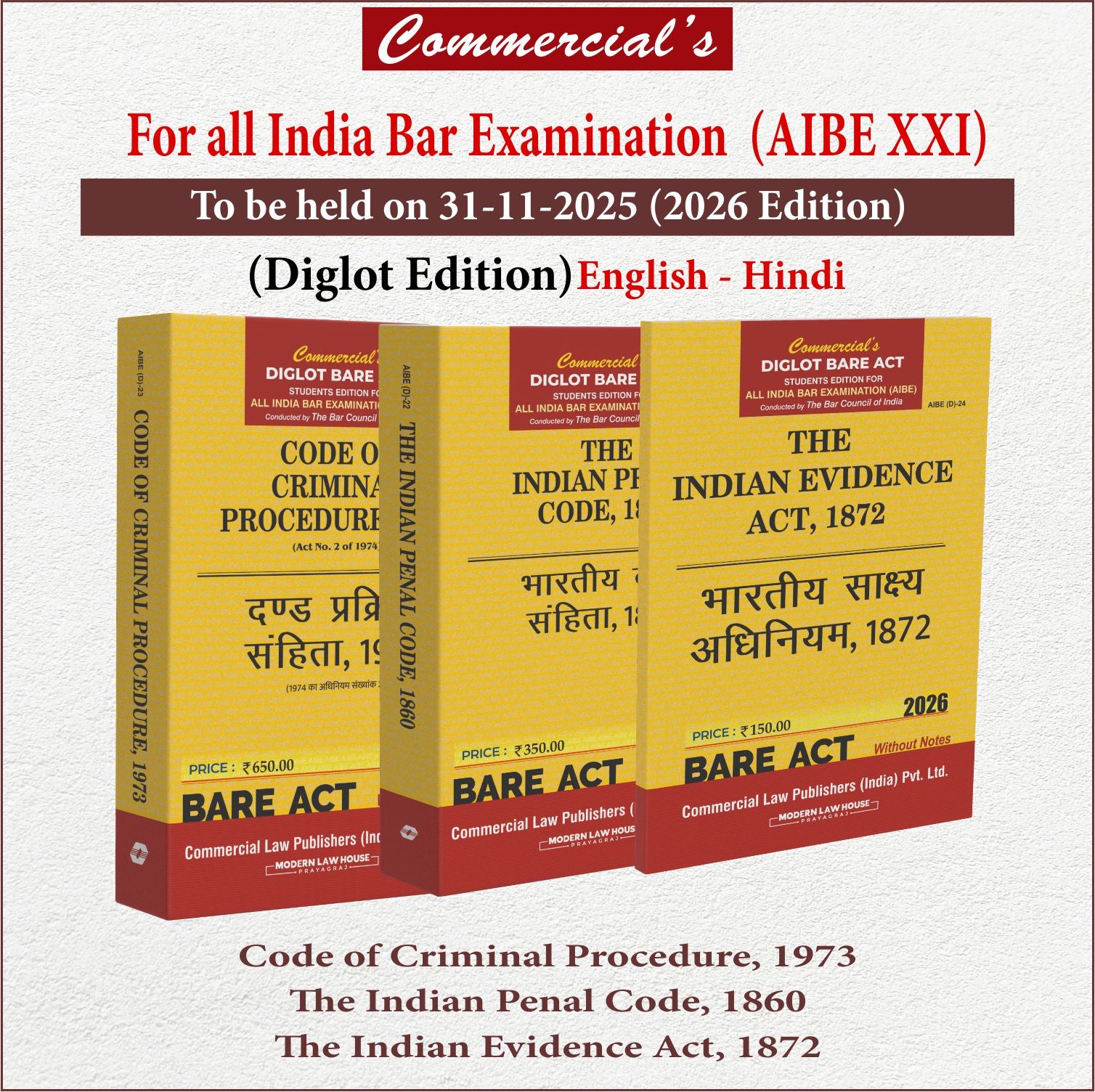 Combo Pack of AIBE 3 Bare Acts (Diglot) IPC, CRPC, Evidence